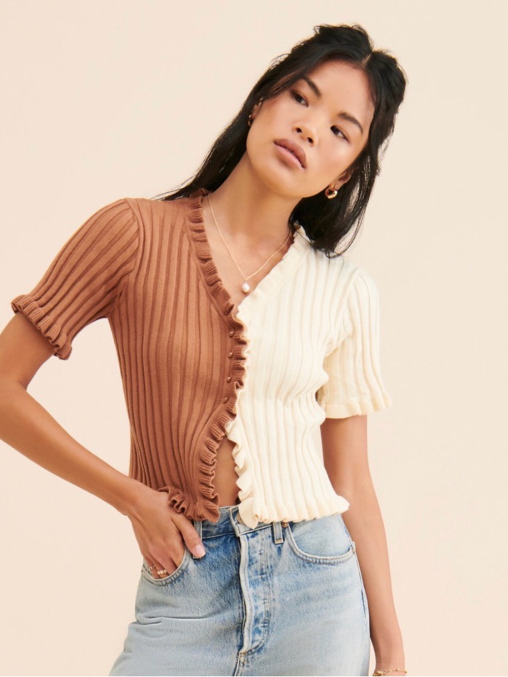 Find Me Now colorblock Two-Tone Ribbed Ruffle-Trim cardigan Top - Cream & Brown